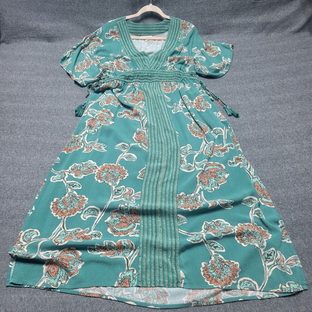 Knox Rose Dress Womens Medium Green Floral Maxi Boho Tassel Pockets Rayon Summer